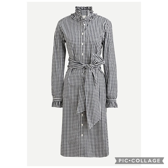J. Crew Blue Black and White Gingham Ruffle Collar Shirtdress approx size 8 - Picture 3 of 14